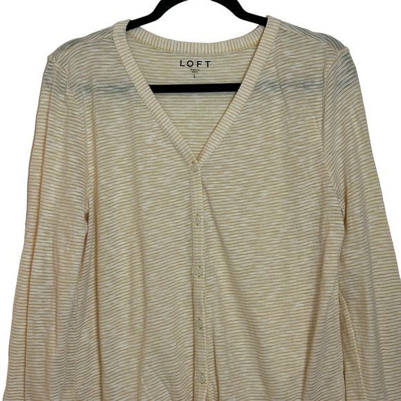 LOFT Long Sleeve Yellow/White Striped Button Down Tie Hem Top - Picture 2 of 10